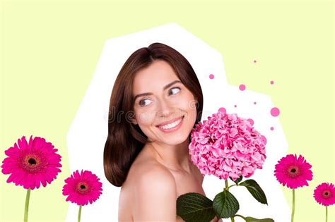 Collage D Image Of Pop Retro Sketch Of Lovely Nude Lady Hold Pink Flowers International Woman