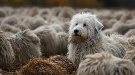 Fondo El Perro Pastor De Lhasa Está Rodeado De Muchas Ovejas Blancas