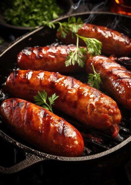 Premium Ai Image Juicy Baked Sausages Dark Background Generative Ai