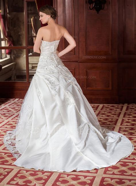 Ball Gown Strapless Chapel Train Satin Tulle Wedding Dress With Ruffle