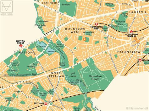 Hounslow London Borough Retro Map Giclee Print Mike Hall Maps