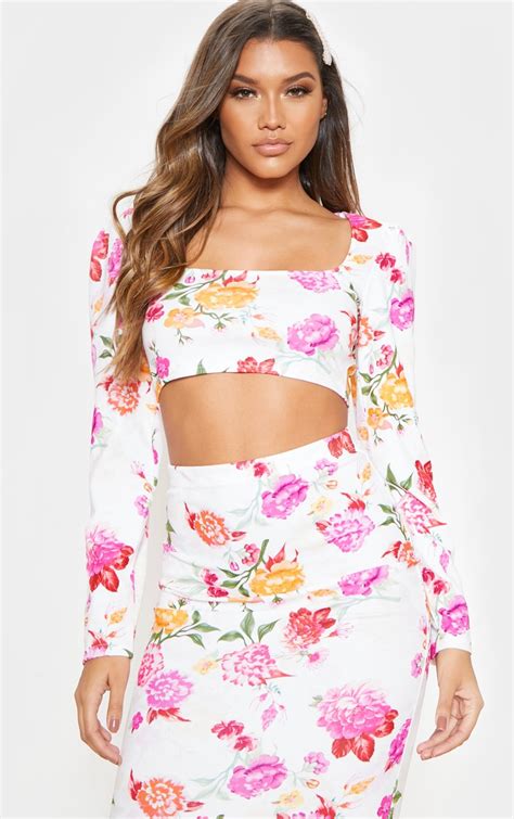 Pink Floral Print Square Neck Crop Top Prettylittlething Ca