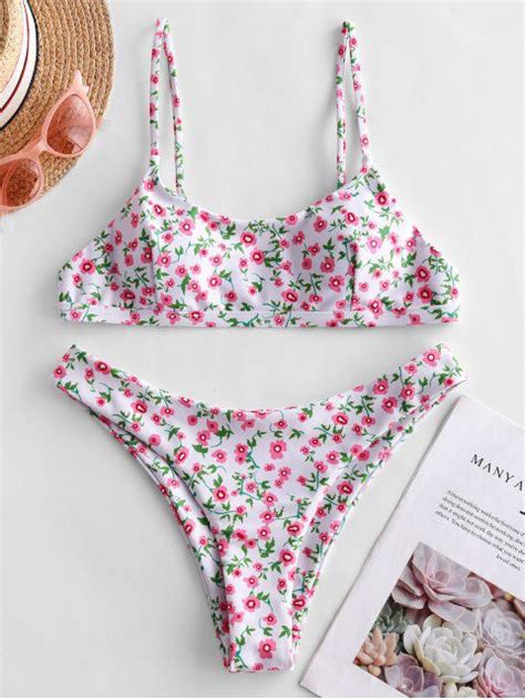 Zaful Ditsy Print High Leg Cami Bikini Swimsuit Bikinis Bikini