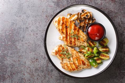 Healthy Food Grilled Chicken With Vegetables And Tomato Sauce Close Up