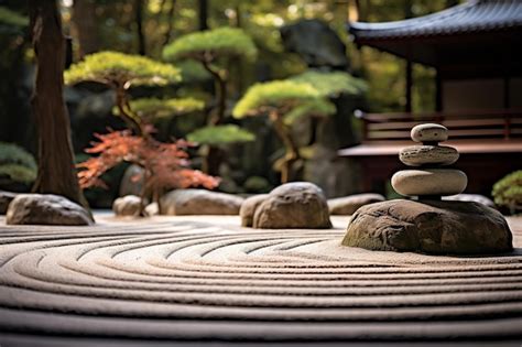 Premium Ai Image Japanese Zen Garden Harmony Of Rocks Raked Sand And