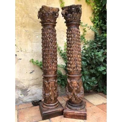 Proantic: Pair Of Renaissance Columns In Polychrome Wood 17th Century.