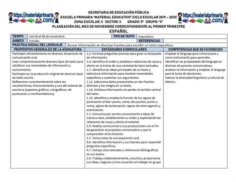 Planeaciones Del Quinto Grado Del Mes De Noviembre Ciclo Escolar 2019