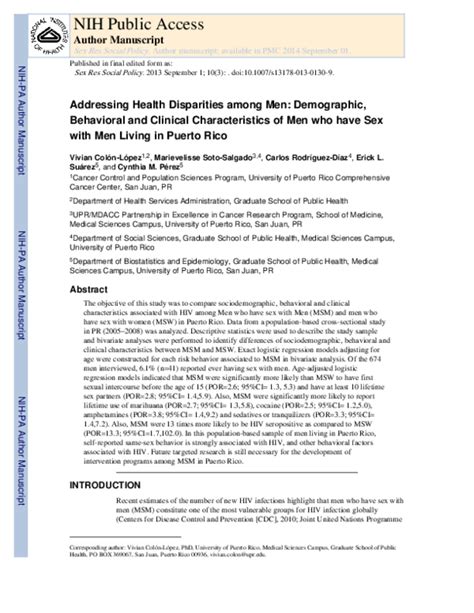 Pdf Addressing Health Disparities Among Men Demographic Behavioral