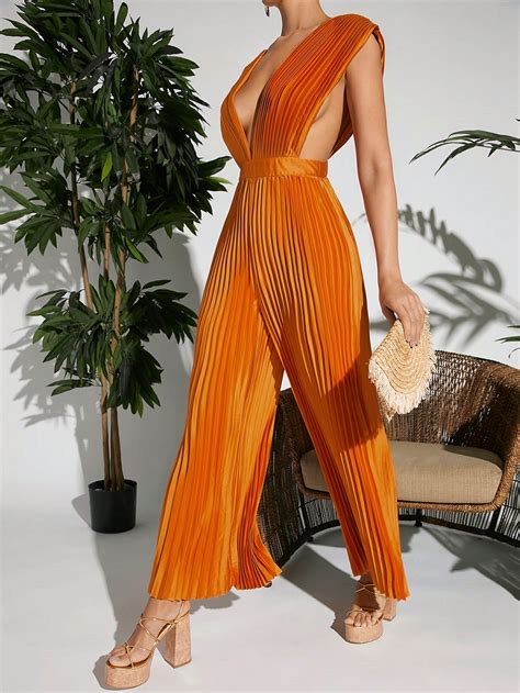 Shein Vcay Plunging Neck Pleated Wide Leg Satin Jumpsuit Shein Usa