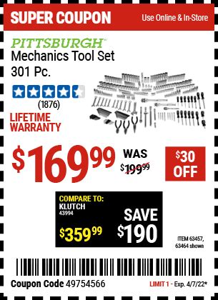 PITTSBURGH 301 Pc Mechanics Tool Set For 169 99 Harbor Freight Coupons