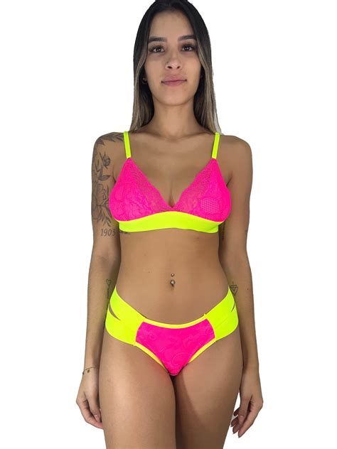 Conjunto Neon Calcinha Fio Duplo