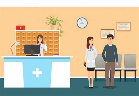 Premium Vector Young Nurse At Hospital Reception Desk In Clinic And Woman Doctor In Uniform