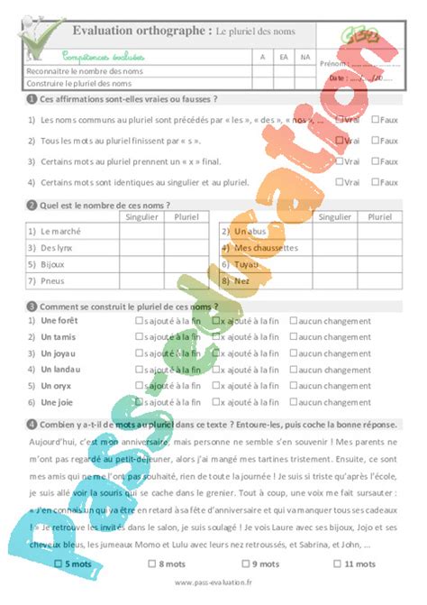 Evaluation Quiz Qcm Accord Du Nom Pluriels Particuliers Ce Pdf