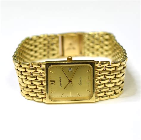 Geneve Quartz 14K Yellow Gold Gold Dial Link Chain Bracelet Watch