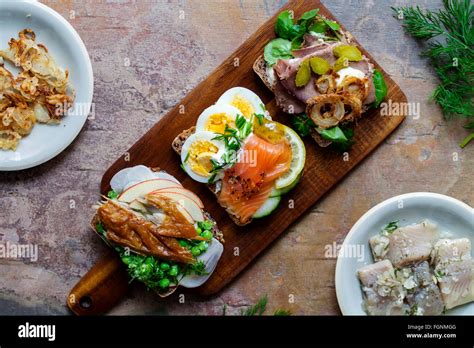 Scandinavian Open Sandwiches With Smoked Mackerel Salmon And Egg And