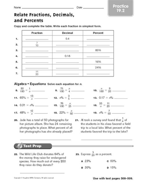 Relate Fractions Decimals And Percents Practice 19 2 Worksheet For