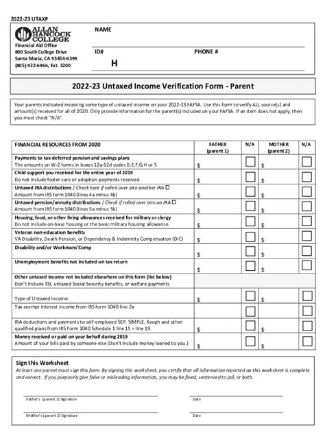 Fillable Online Untaxed Income Verification Form Parent Fax