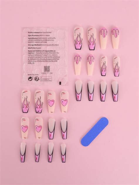 Elevate Your Style With 24pcs Long Coffin Flame Heart Pattern Matte Fake Nail And 1pc Nail File