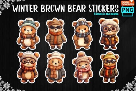 Winter Brown Bear Stickers Bundle Graphic By Mmshopart Creative Fabrica