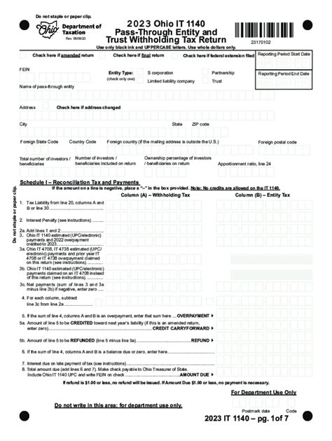 Fillable Online Tax Ohio Ohio IT 1140 UPC For Pass Through Entity