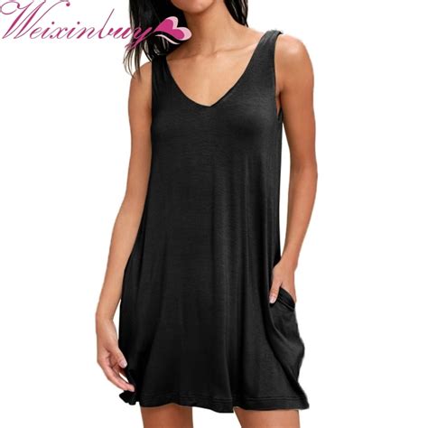 Weixinbuy Womens Dress With Pockets Casual Dresses V Neck Sexy Dress