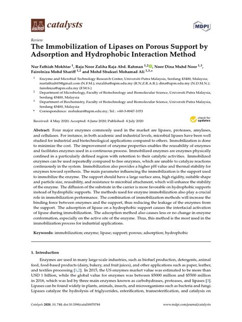 Catalysts The Immobilization Of Lipases On Porous Support By