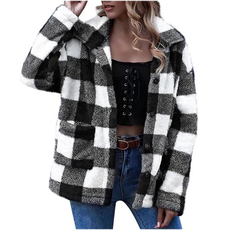 Womens Sherpa Fleece Plaid Jacket Button Down Jacket Long Sleeve Lapel Collar Shacket With