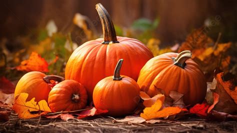 Group Of Pumpkins Sitting In Front Of Autumn Leaves Background Fall