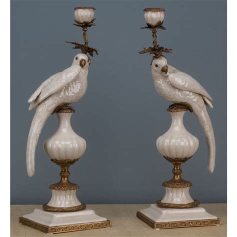 Set 2 White Crackle Parrot Bird Porcelain Bronze Ormolu Candle Holders 19 H Na Antique