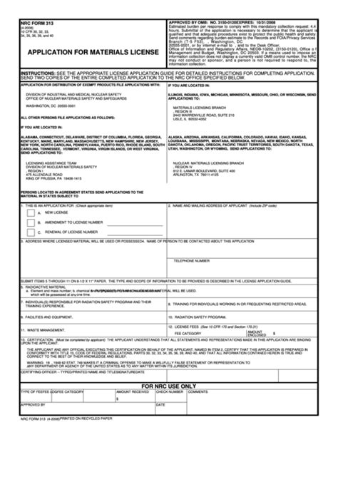 Fillable Nrc Form 313 Application For Materials License Printable Pdf