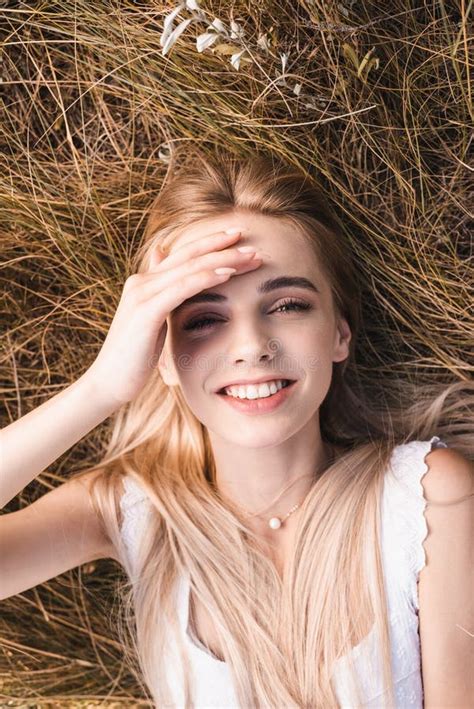 View Of Excited Blonde Woman Touching Stock Photo Image Of Meadow