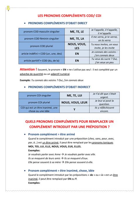 Fiche Teo Les Pronoms Cod Coi Les Pronoms Compl Cod Coi Pronoms