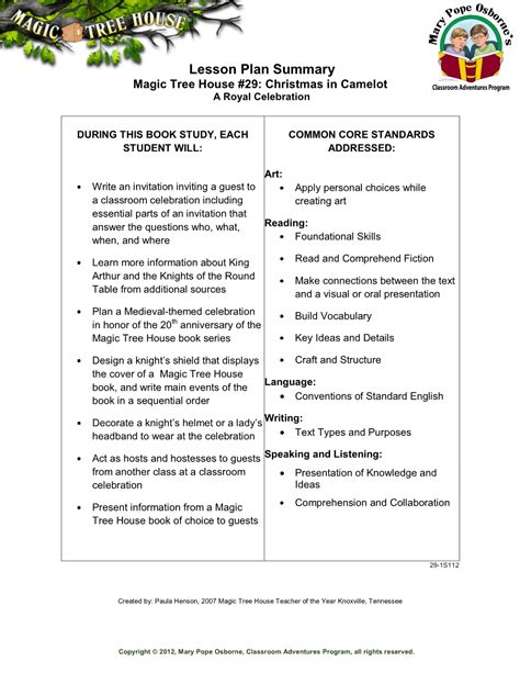 Lesson Plan Summary Magic Tree House 29 Christmas In Camelot A Royal