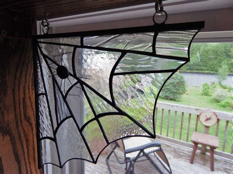 Stained Glass Corner Spider Web With Black Spider