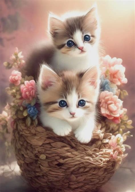 Two Kittens Are Sitting In A Basket With Flowers On The Bottom And Blue