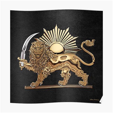 Gold Persian Lion And Sun Over Black Leather Poster By Captain