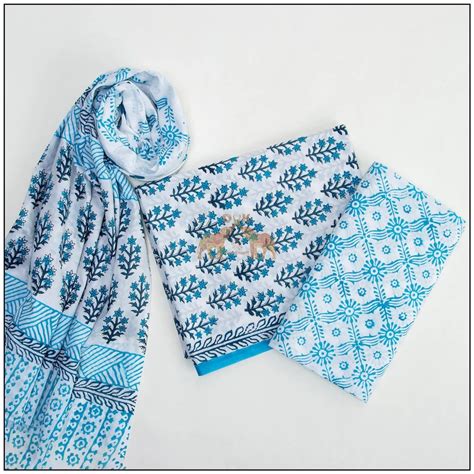 Hand Block Printed Cotton Suits Set With Mulmul Dupatta Sky Blue At Rs