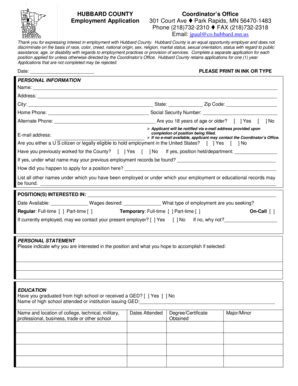 Fillable Online Co Hubbard Mn Employment Application 082108 Hubbard