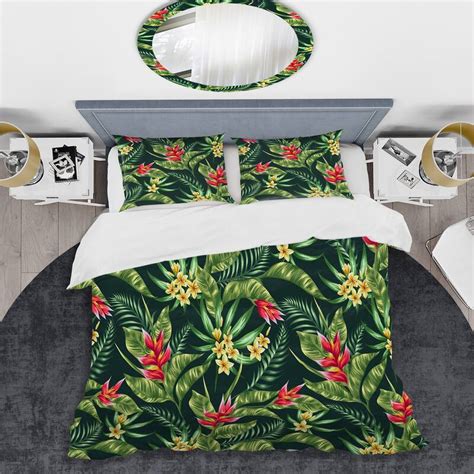 Designart Plumeria And Tropical Flowers With Palm Leaves On Dark Tropical Duvet Cover Set