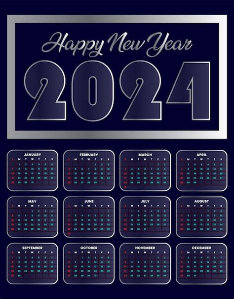 Bonne Année 2024 Calendrier Mural Anglais Modèle De Conception