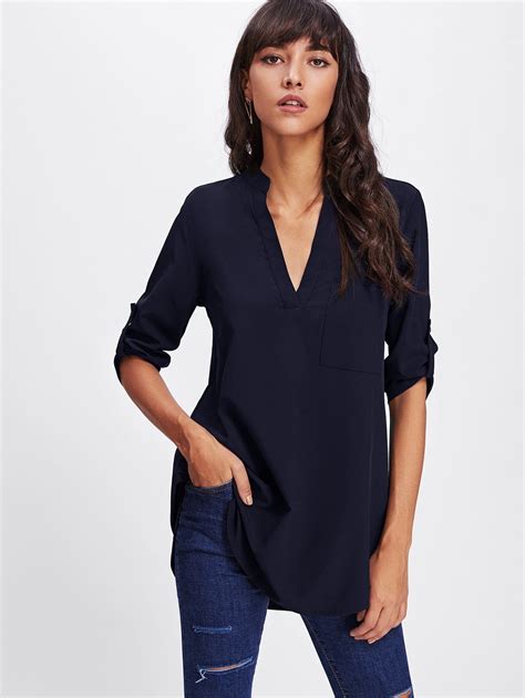 Rolled Sleeve Dip Hem Blouse NAVY How To Roll Sleeves Roll Up