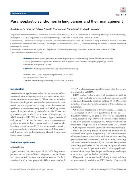 Paraneoplastic Syndromes In Lung Cancer And Their Management Docslib