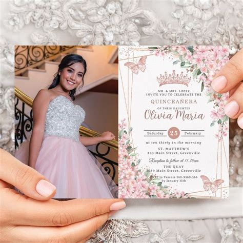 Pink Cherry Blossoms Rose Gold Quinceañera Photo Invitation Zazzle