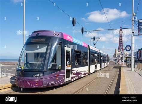 Blackpool Tramway at tram stop, Ocean Boulevard, Promenade, Blackpool, Lancashire, England ...