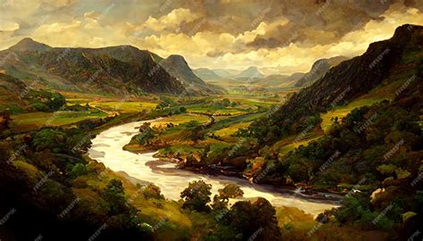 Premium Ai Image Painting Of A River Running Through A Valley With