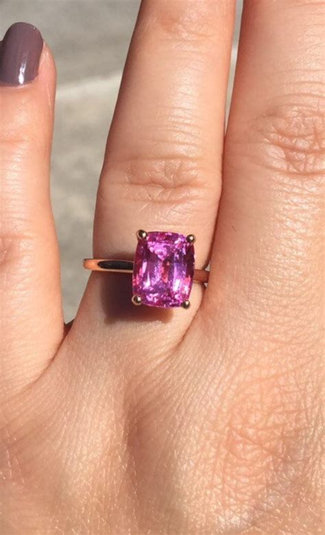 Cushion Cut Pink Sapphire Solitaire Engagement Ring 14K Rose Etsy