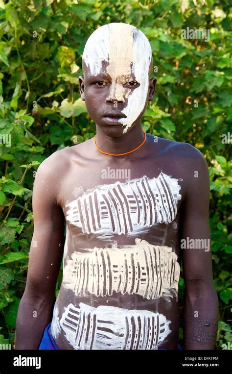 Surma Boy With Body Paintings Kibish Omo River Valley Ethiopia Stock