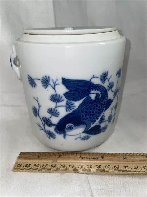 Chinese Blue And White Porcelain Koi Fish Tea Caddy Ebay