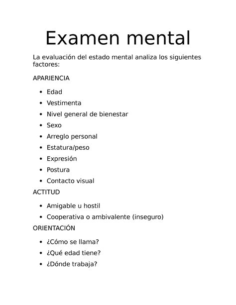 Examen Mental Ejemplo Examen Mental La Evaluaci N Del Estado Mental