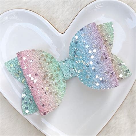 Pastel Rainbow OmbrÉ Glitter Bow Light Pink Peach Purple Hair Clip